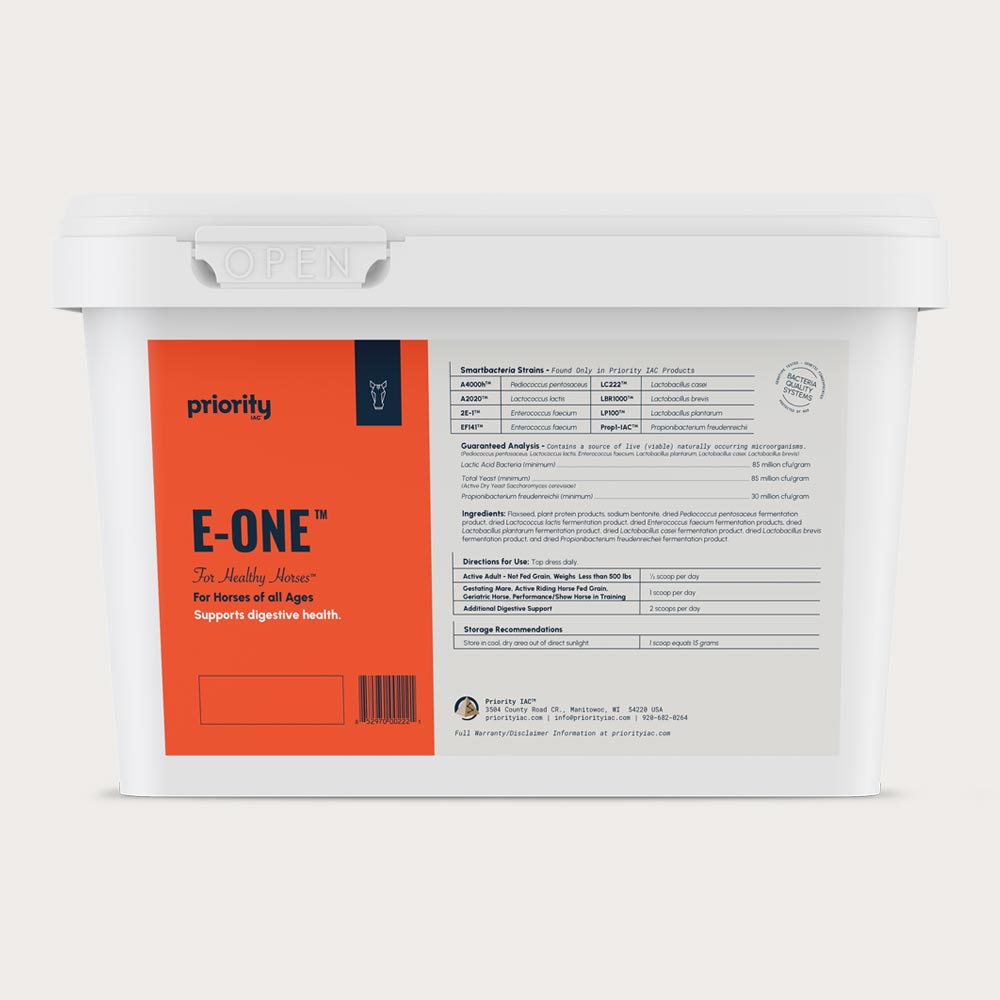 E-One™ Powder Digestive Supplement for Horses in a bucket.