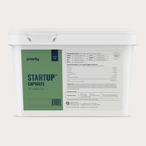 Priority IAC’s StartUp Capsules for Cattle in a bucket.